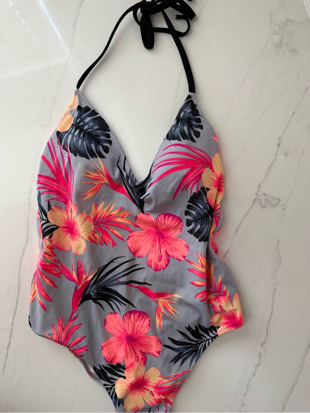 Womans Floral One-Piece Swimsuit in Gray with Pink & Yellow Flowers